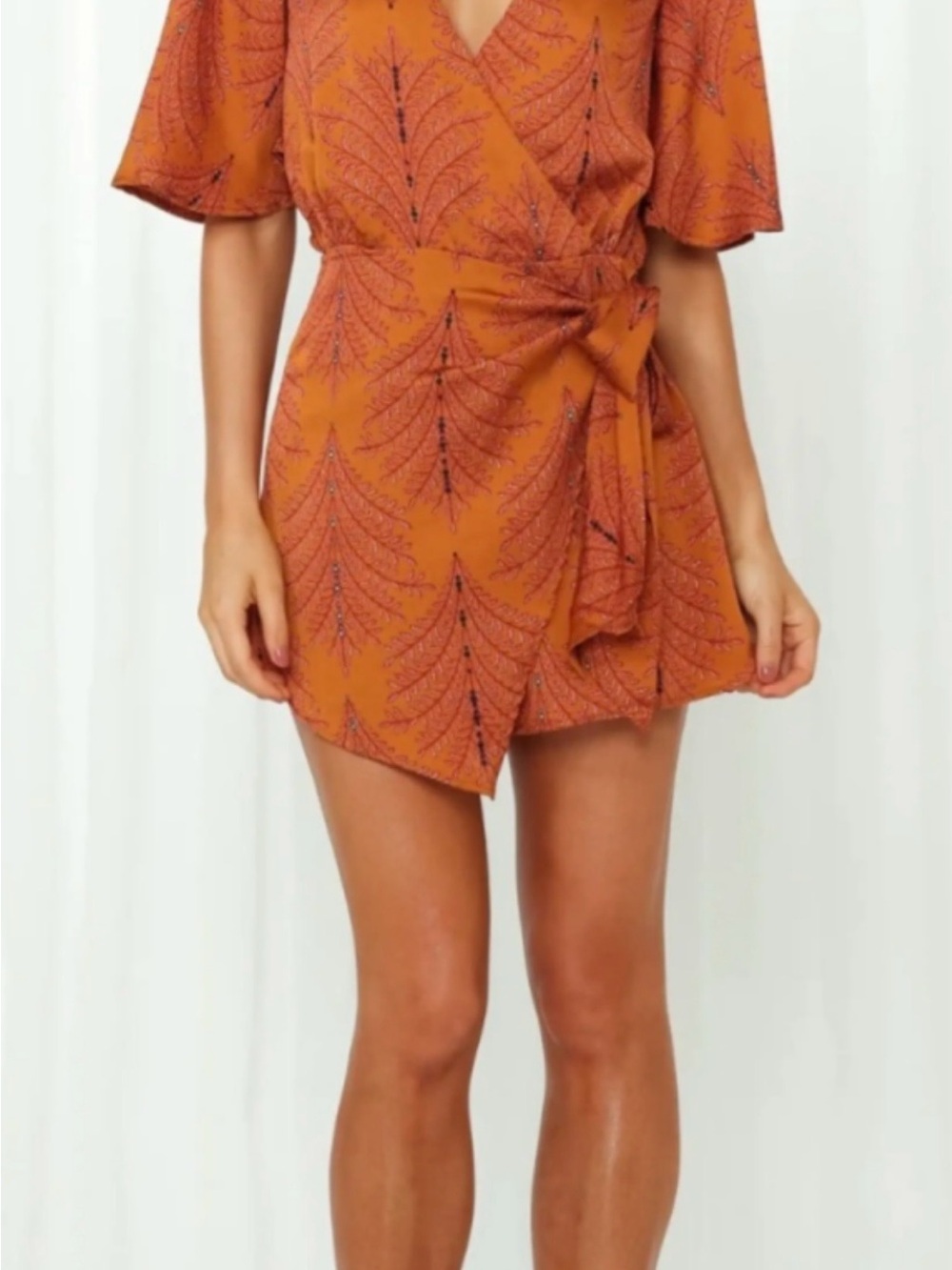 Hello Molly Burnt Orange Wrap Mini Dress with Tie Detail
